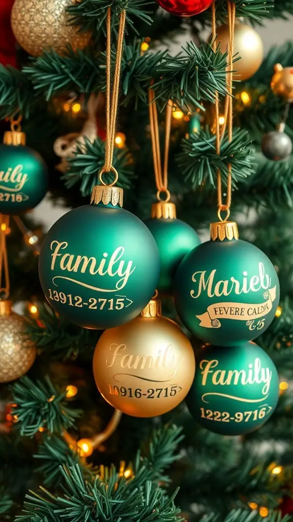 Personalized green and gold ornaments on a Christmas tree