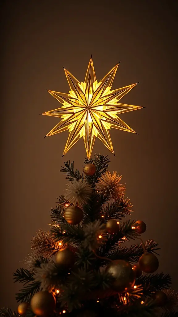 Golden star tree topper on a brown Christmas tree with golden ornaments and lights