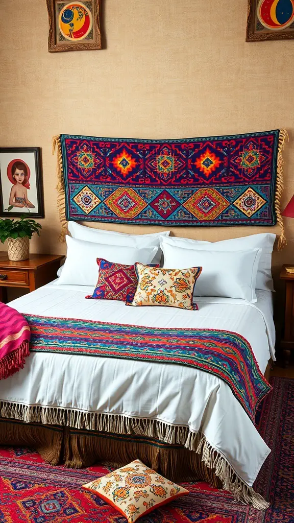 A king bed styled with vibrant bohemian decor, featuring a colorful woven blanket, patterned pillows, and a tapestry.