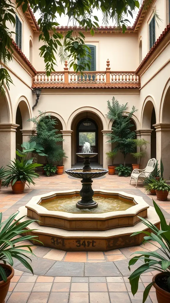 25+ Stunning Spanish Garden Hacienda Style Ideas to Transform Your Outdoor Space 7 A beautiful Spanish hacienda courtyard featuring a fountain surrounded by lush greenery.