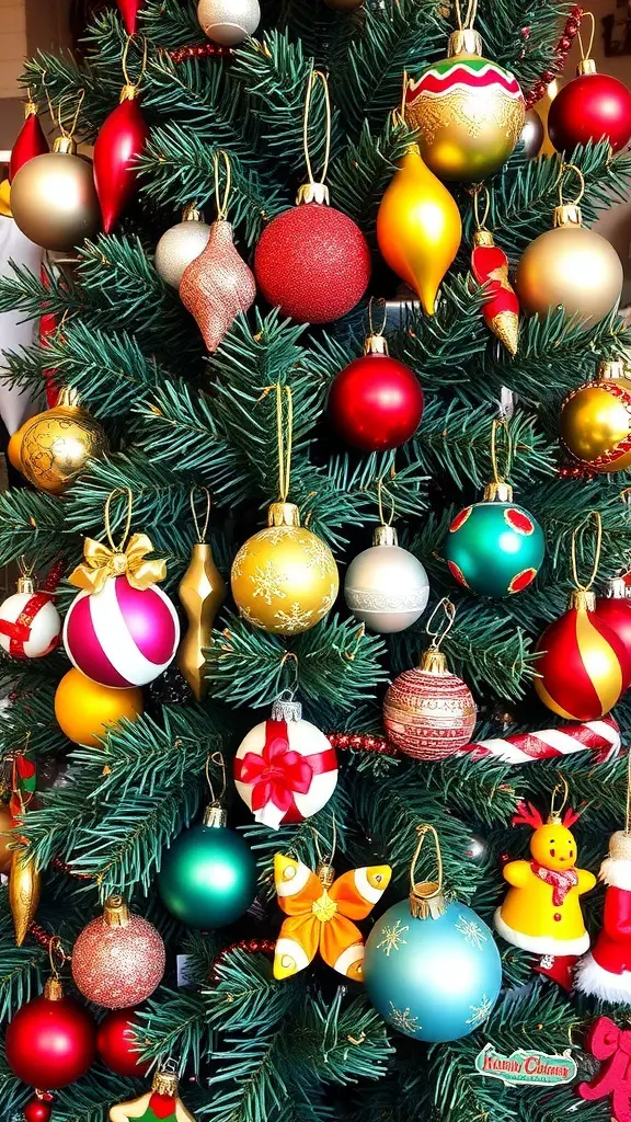 A colorful 70s Christmas tree adorned with retro ornaments in various shapes and sizes.