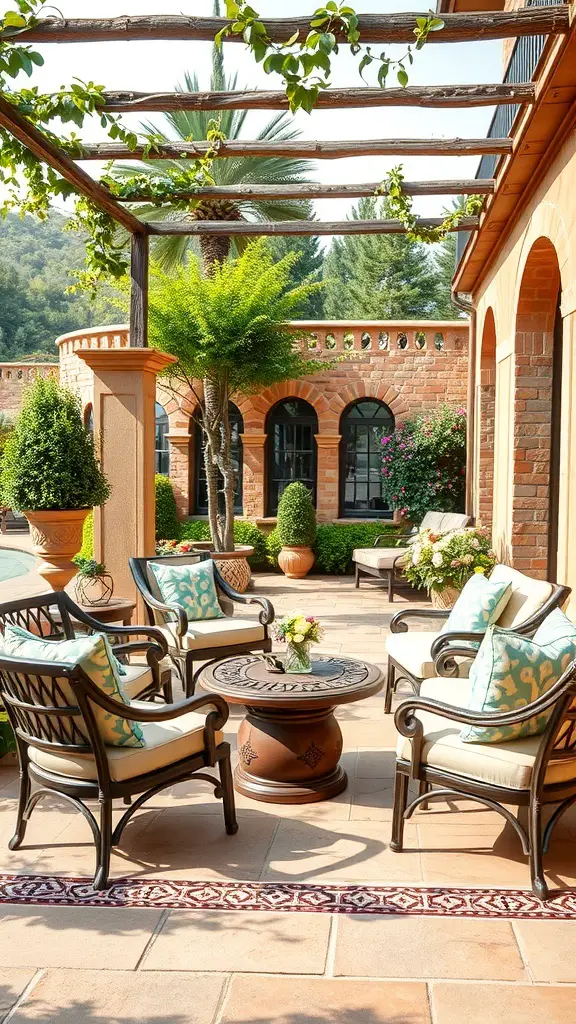 29+ Stunning Tuscan Patio Ideas for Your Outdoor Oasis 10 A cozy Tuscan patio with comfortable seating arrangements, surrounded by greenery.
