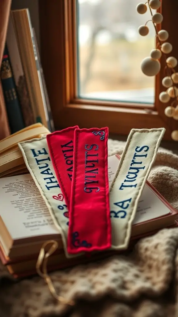 27+ Creative Fabric Bookmark Ideas to Elevate Your Reading Experience 5 Fabric bookmarks with personalized name tags in vibrant colors.