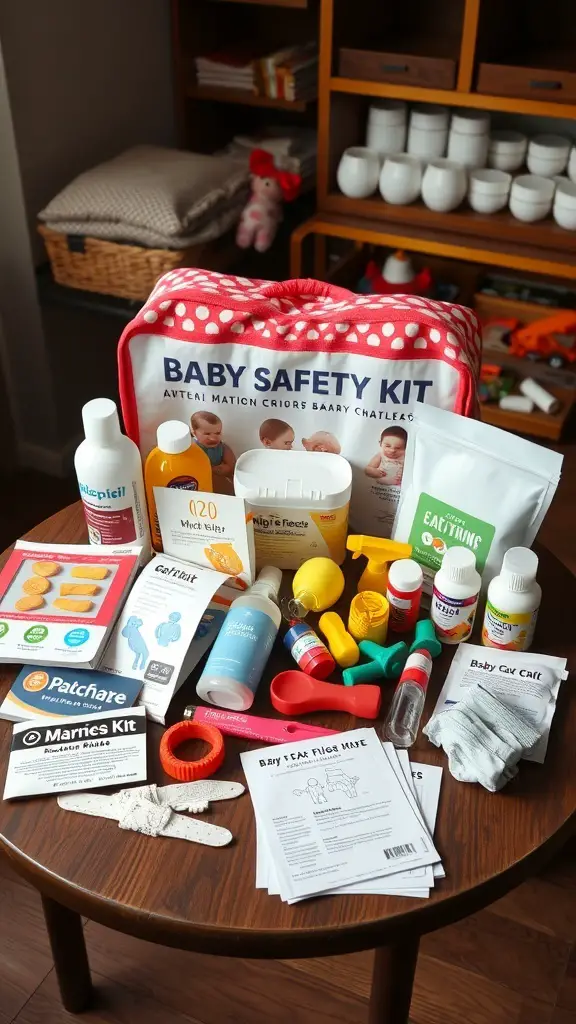 A baby safety kit filled with various baby care items on a table.
