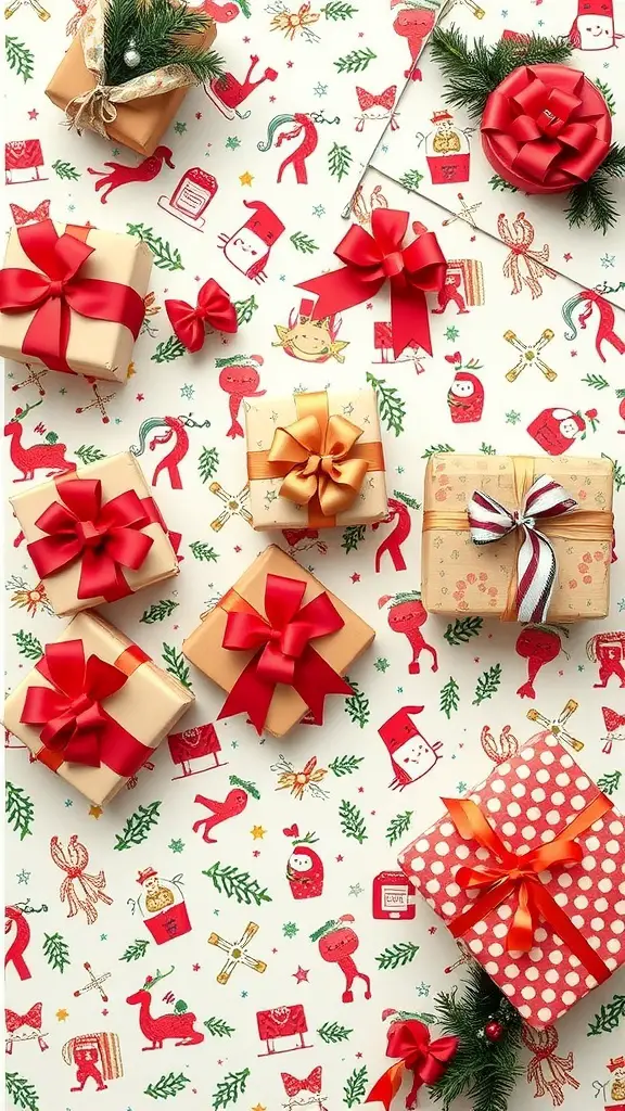A collection of gifts wrapped in kitschy holiday paper with red bows, featuring festive motifs.