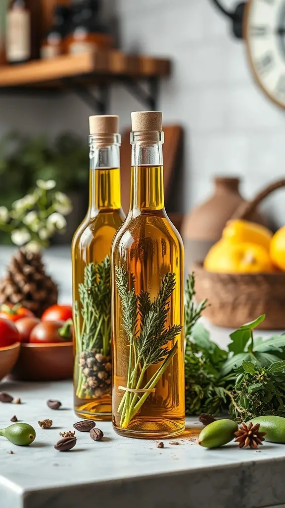 Two bottles of infused olive oil with herbs and spices, surrounded by fresh ingredients.