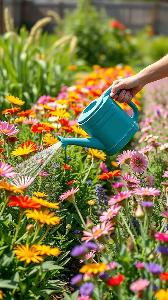 27+ Stunning Wildflower Landscaping Ideas for Your Garden 9 A person watering colorful wildflowers with a blue watering can.