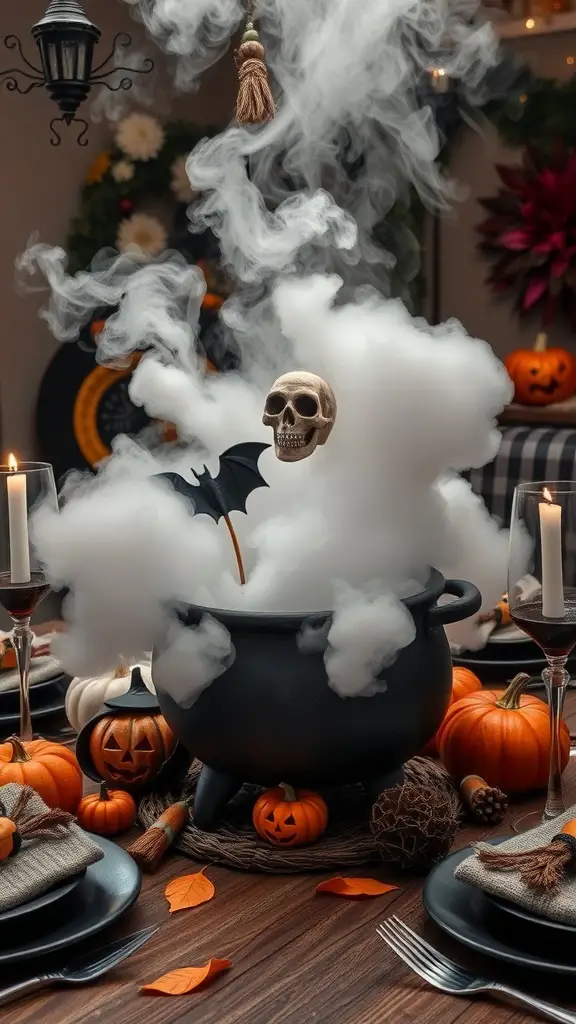 A spooky centerpiece featuring a black cauldron with smoke, a skull, and a bat, surrounded by pumpkins and candles.