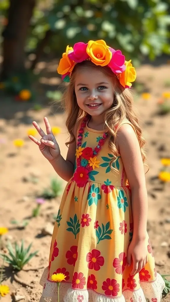 A young girl in a colorful flower child costume with a flower crown, smiling and making a peace sign.