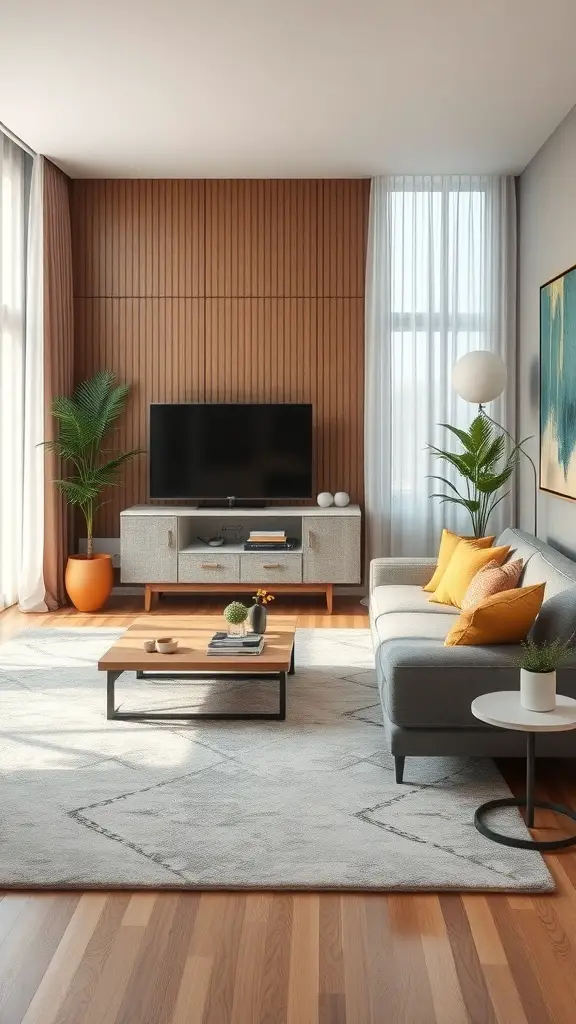 27+ Contemporary Rugs to Elevate Your Living Room Style 10 A modern living room featuring a light-colored rug, gray sofa, and wooden accents.