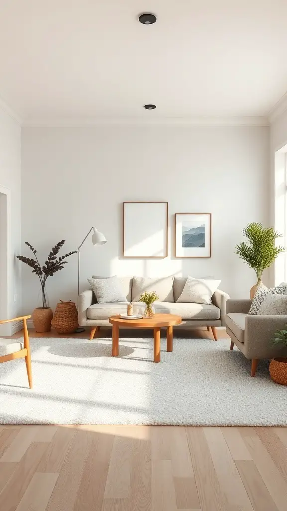 29+ Stylish Living Room Area Rug Ideas to Transform Your Space 6 A cozy living room with a light-colored rug, comfortable furniture, and plants.
