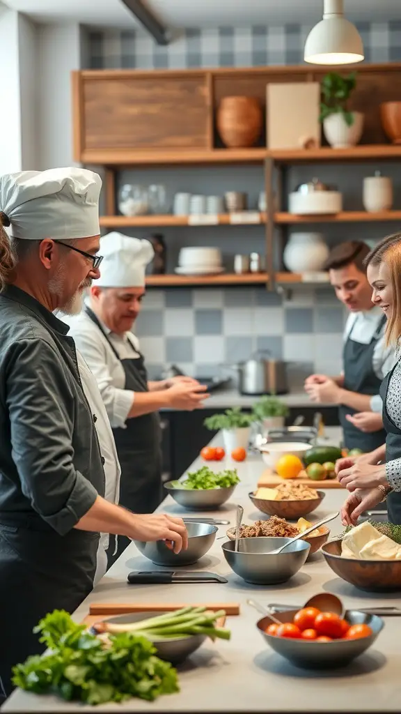 Group of people participating in a gourmet cooking class, preparing fresh ingredients in a modern kitchen.
