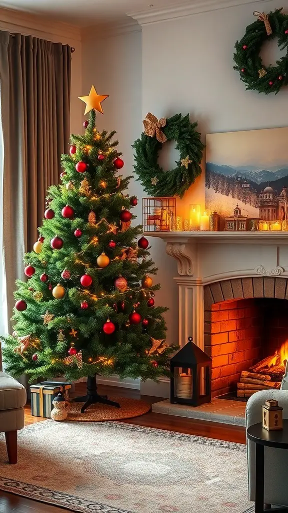 Cozy living room with a green velvet Christmas tree, fireplace, and festive decorations.