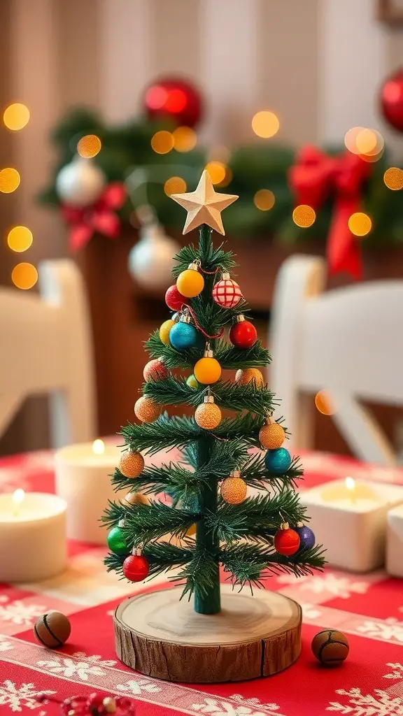 A miniature wooden tabletop Christmas tree decorated with colorful ornaments and a star on top, set on a festive table.