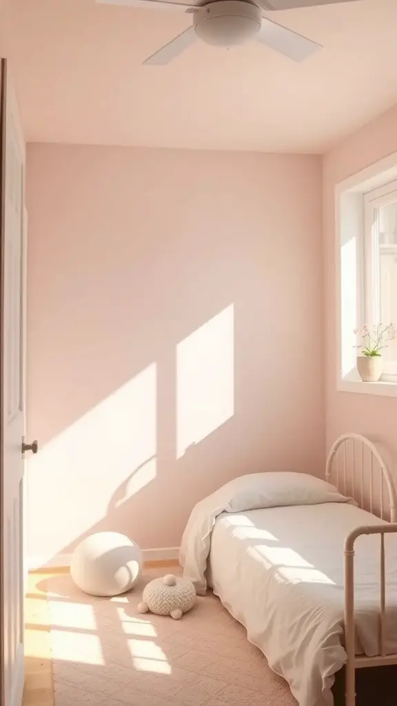 29+ Extra Small Bedroom Ideas to Maximize Space and Style 7 A small bedroom with light pink walls, a bed with a white spread, and natural light coming through the window.
