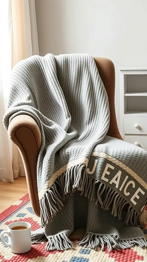 A cozy gray personalized blanket draped over a chair with a cup of coffee beside it.
