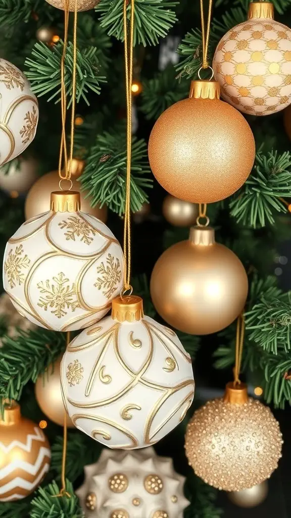 A close-up of cream and gold textured baubles hanging on a Christmas tree.