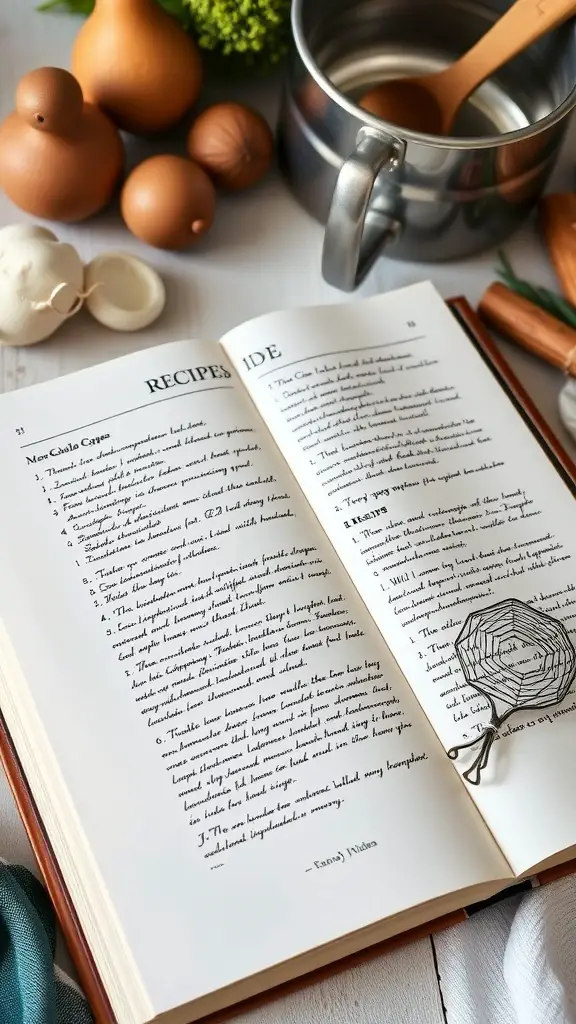 A personalized recipe book opened to show handwritten recipes, surrounded by cooking ingredients.