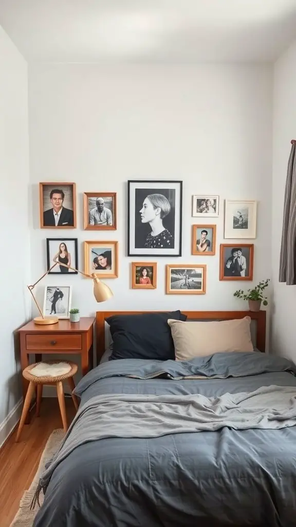 31+ Stylish Bedroom Ideas for Small Rooms 12 Cozy bedroom with a gallery wall of framed photographs, a bedside table, and a stylish lamp.