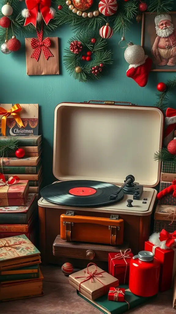 A vintage record player surrounded by Christmas decorations and gifts.