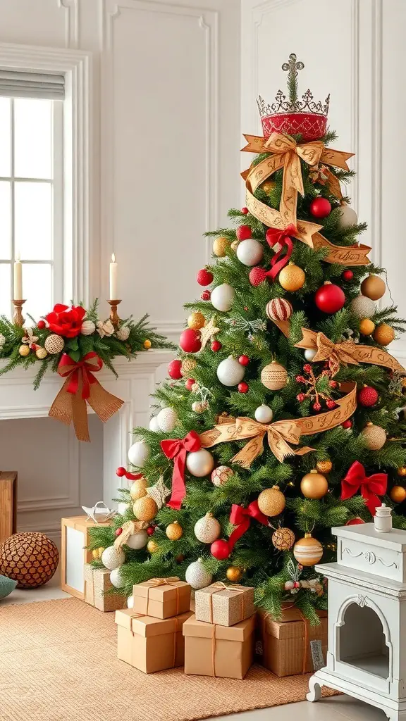 A beautifully decorated Christmas tree with red and gold ornaments, a crown on top, and wrapped gifts underneath.