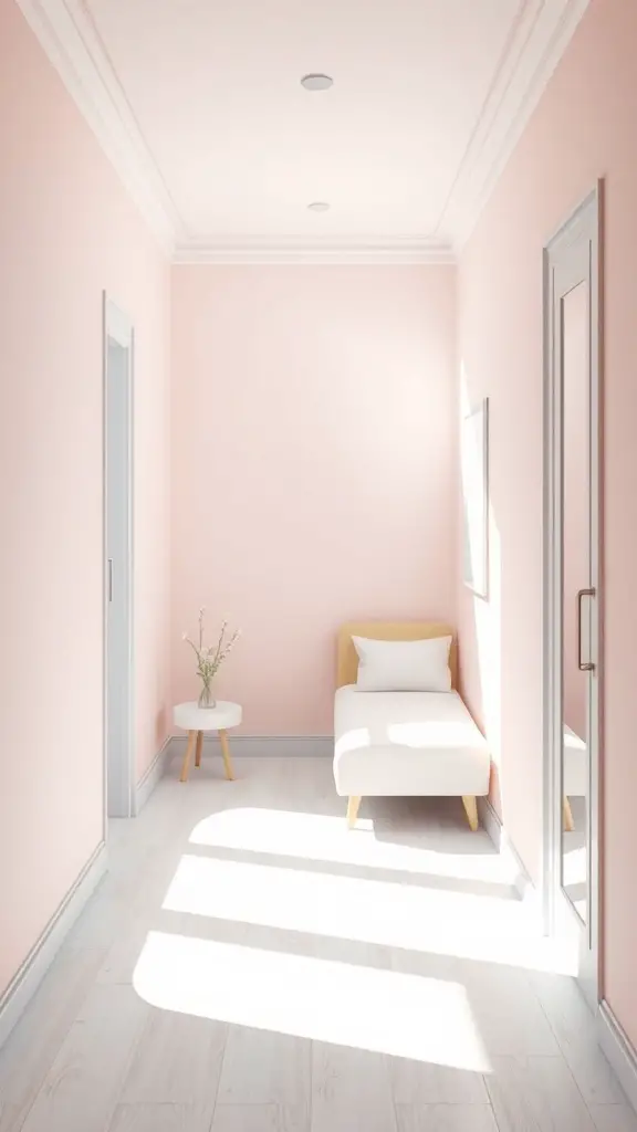 31+ Genius Narrow Bedroom Ideas to Maximize Space 9 A narrow bedroom with soft pink walls, light flooring, and simple furniture.