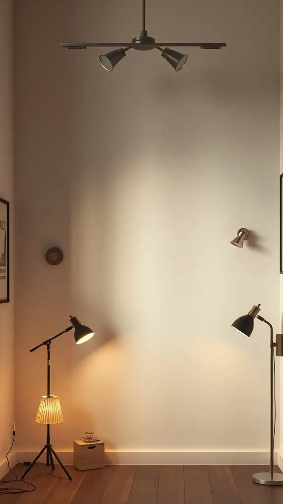 29+ Small Room Makeover Ideas to Maximize Space and Style 10 A small room with various lighting options including ceiling lights and floor lamps.