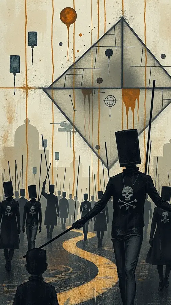 29+ Stunning Abstract Paintings You Need to See 11 An abstract painting featuring figures in hats marching along a winding path, with a diamond shape in the background and skull motifs on their clothing.