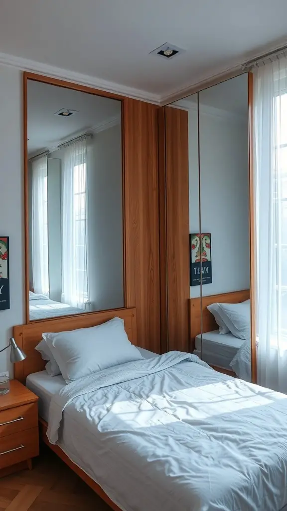 A small bedroom featuring a full-size bed and strategically placed mirrors on the wall.