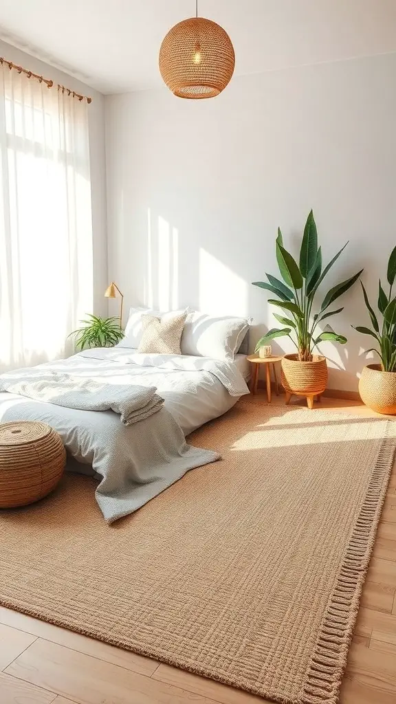 23+ Stunning Bedroom Rug Ideas to Transform Your Space 9 A cozy bedroom featuring a natural fiber rug, plants, and warm lighting.