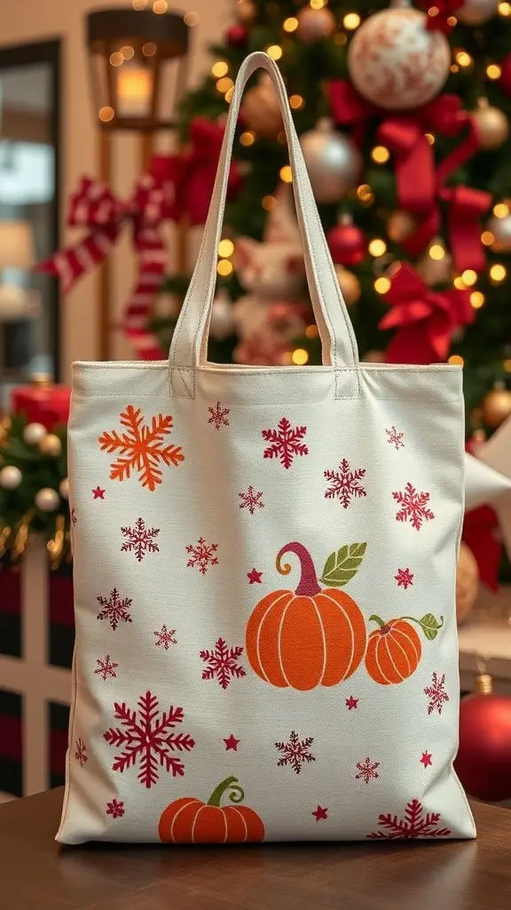 27+ Creative Tote Bag Painting Ideas You’ll Love 16 A tote bag with seasonal holiday motifs including pumpkins and snowflakes, set against a festive background.