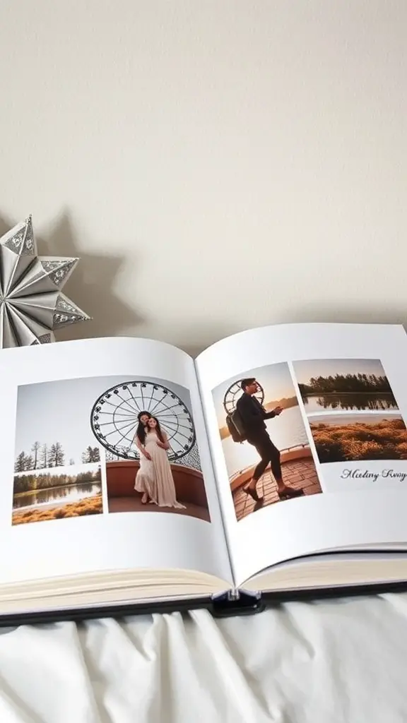 An open engagement photo album displaying beautiful couple photos.