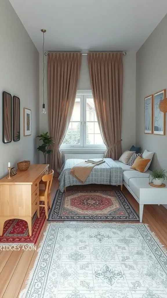 23+ Creative Small Long Bedroom Ideas for Stylish Spaces 8 A small long bedroom with distinct zones created by rugs, featuring a bed, desk, and decorative elements.