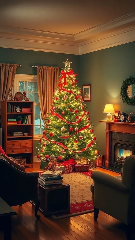 A cozy living room with a beautifully decorated Christmas tree, glowing lights, and a warm fireplace.