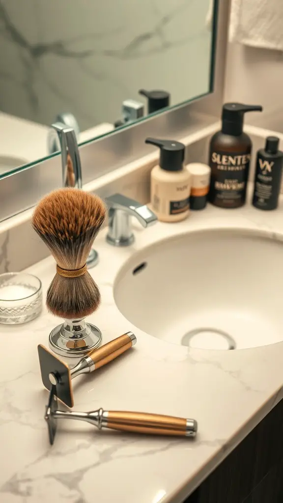 Luxury shaving set with a brush and razor on a bathroom counter