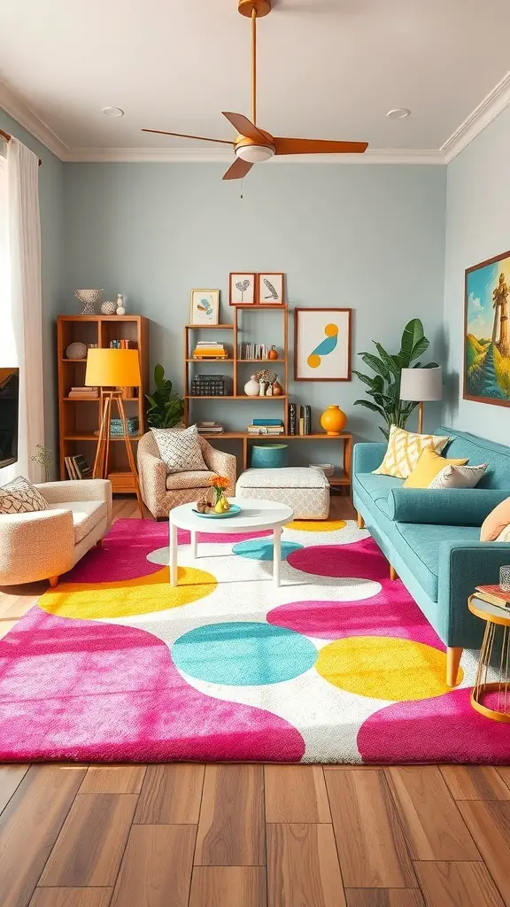 29+ Stylish Living Room Area Rug Ideas to Transform Your Space 7 A living room with a brightly colored rug featuring pink, yellow, and blue circles, complemented by modern furniture.