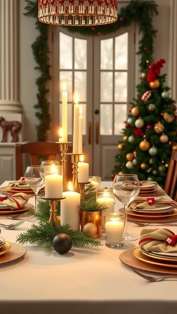 A festive dining table with candlelit centerpieces, surrounded by holiday decorations.