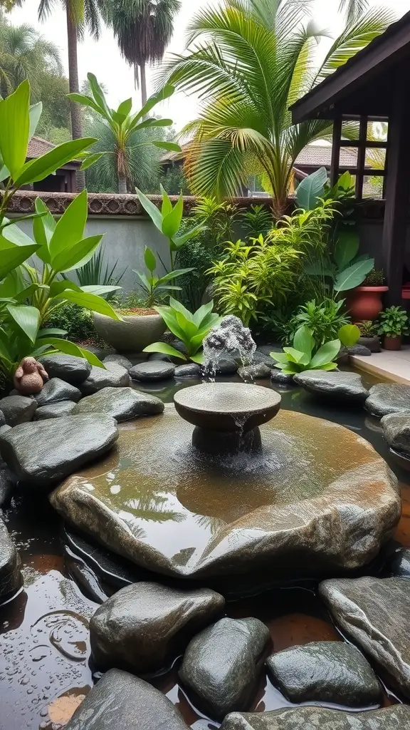 25+ Stunning Bali Garden Design Ideas You’ll Love 3 A serene garden with a water feature surrounded by lush greenery and smooth stones.