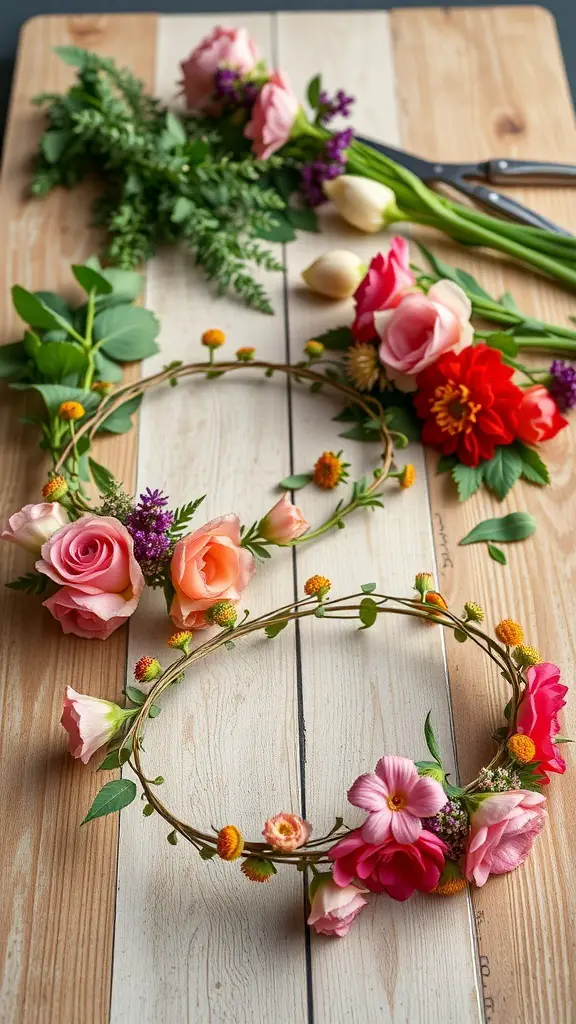 DIY flower crowns made with colorful flowers on a wooden table