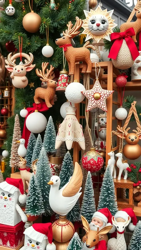 Colorful artisan handmade Christmas decorations including reindeer, snowmen, and ornaments.