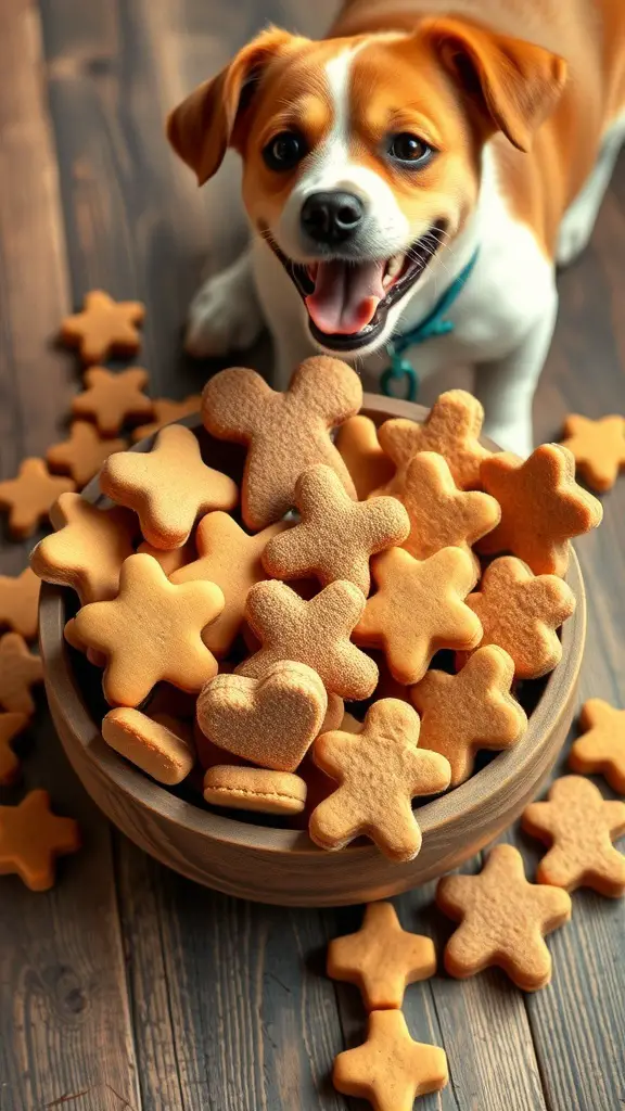 A happy dog with a bowl of homemade pet treats shaped like stars and hearts.