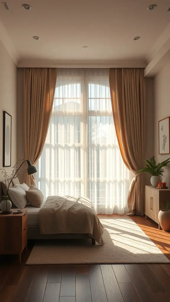 27+ Charming Small Master Room Ideas for Cozy Living 16 A small master room with large windows, sheer curtains, and warm lighting.