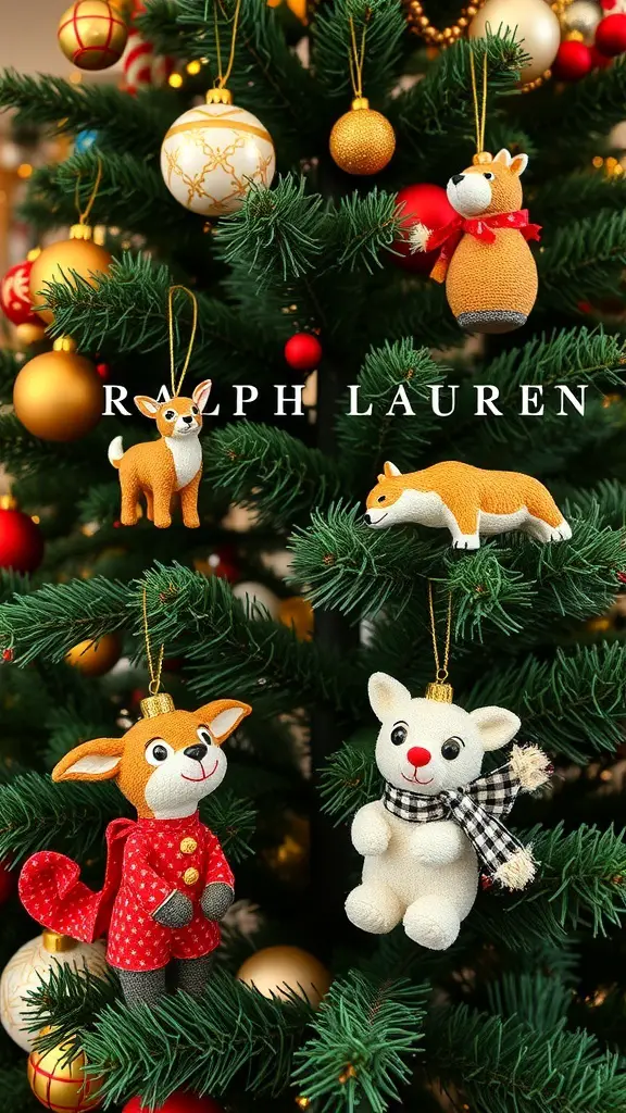 A Christmas tree decorated with whimsical animal ornaments from Ralph Lauren, featuring a fox, bear, and other playful designs.