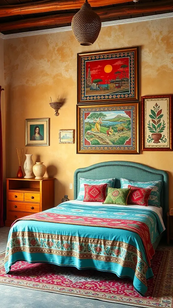 27+ Inspiring Spanish Mediterranean Bedroom Ideas for Your Home 15 A Spanish Mediterranean bedroom featuring colorful artwork and textiles.