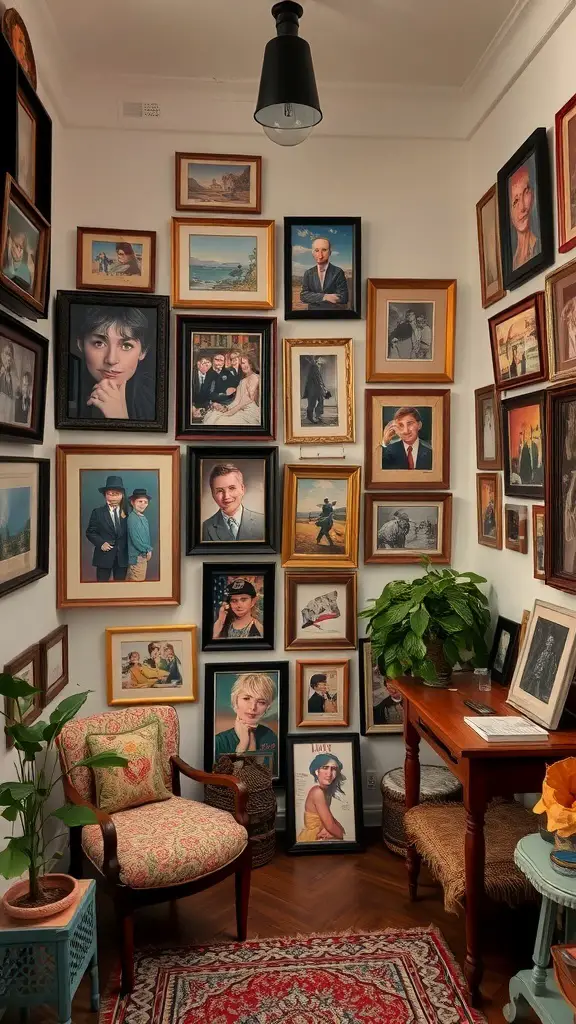29+ Small Room Makeover Ideas to Maximize Space and Style 16 A cozy corner with a wall filled with framed portraits and paintings, a plant, and a small table.