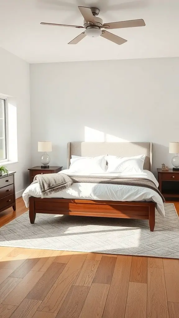 A small master bedroom featuring a king bed, natural light, and a simple layout.