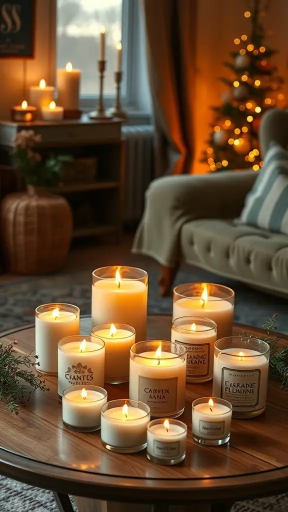 A cozy living room with various scented candles on a wooden table, glowing softly, with a Christmas tree in the background.