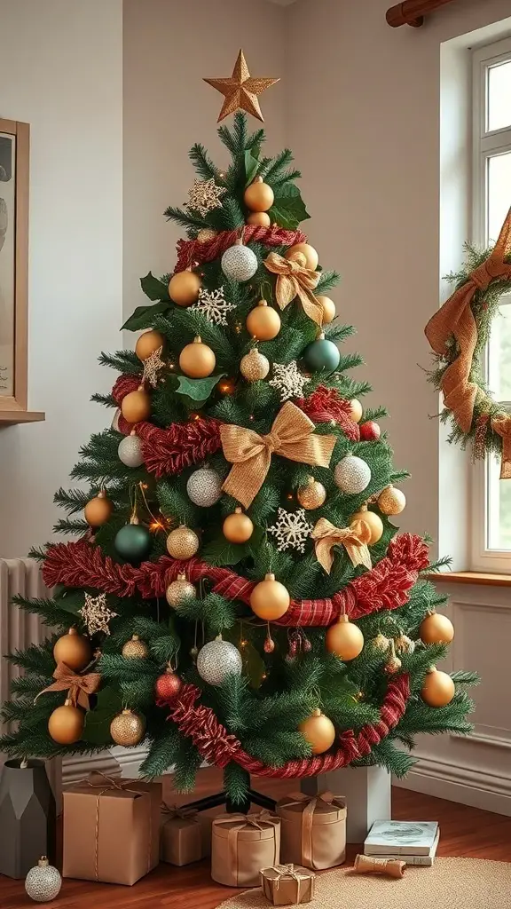 A beautifully decorated Christmas tree with earthy colors, featuring gold and green ornaments, red ribbons, and natural decorations.