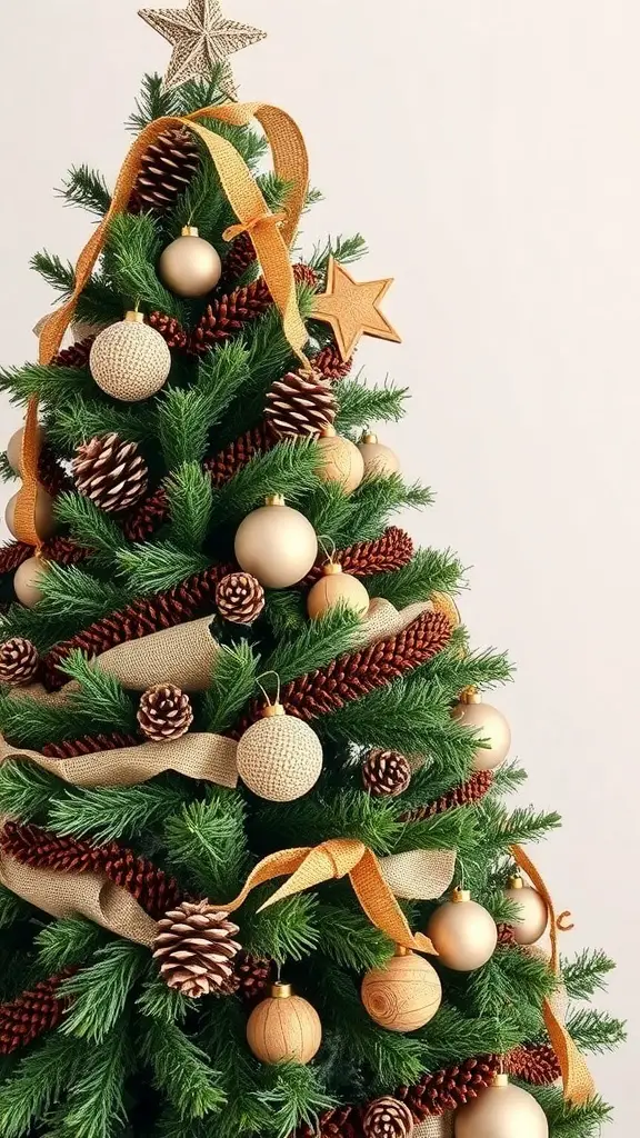 A brown and white Christmas tree decorated with pinecones, burlap ribbons, and soft gold ornaments.