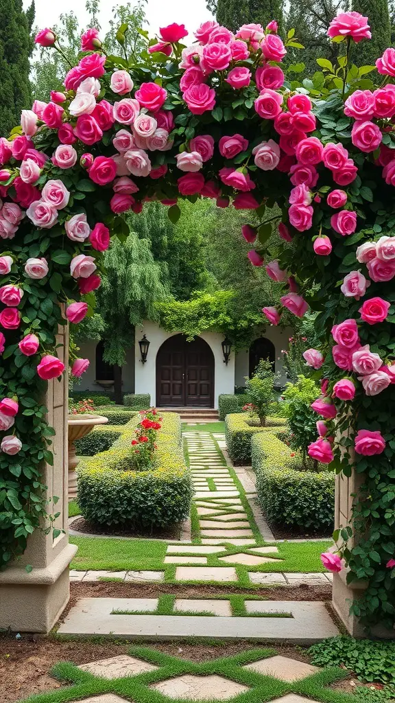 25+ Stunning Spanish Garden Hacienda Style Ideas to Transform Your Outdoor Space 14 A beautiful garden arch covered in pink roses leading to a manicured garden path.